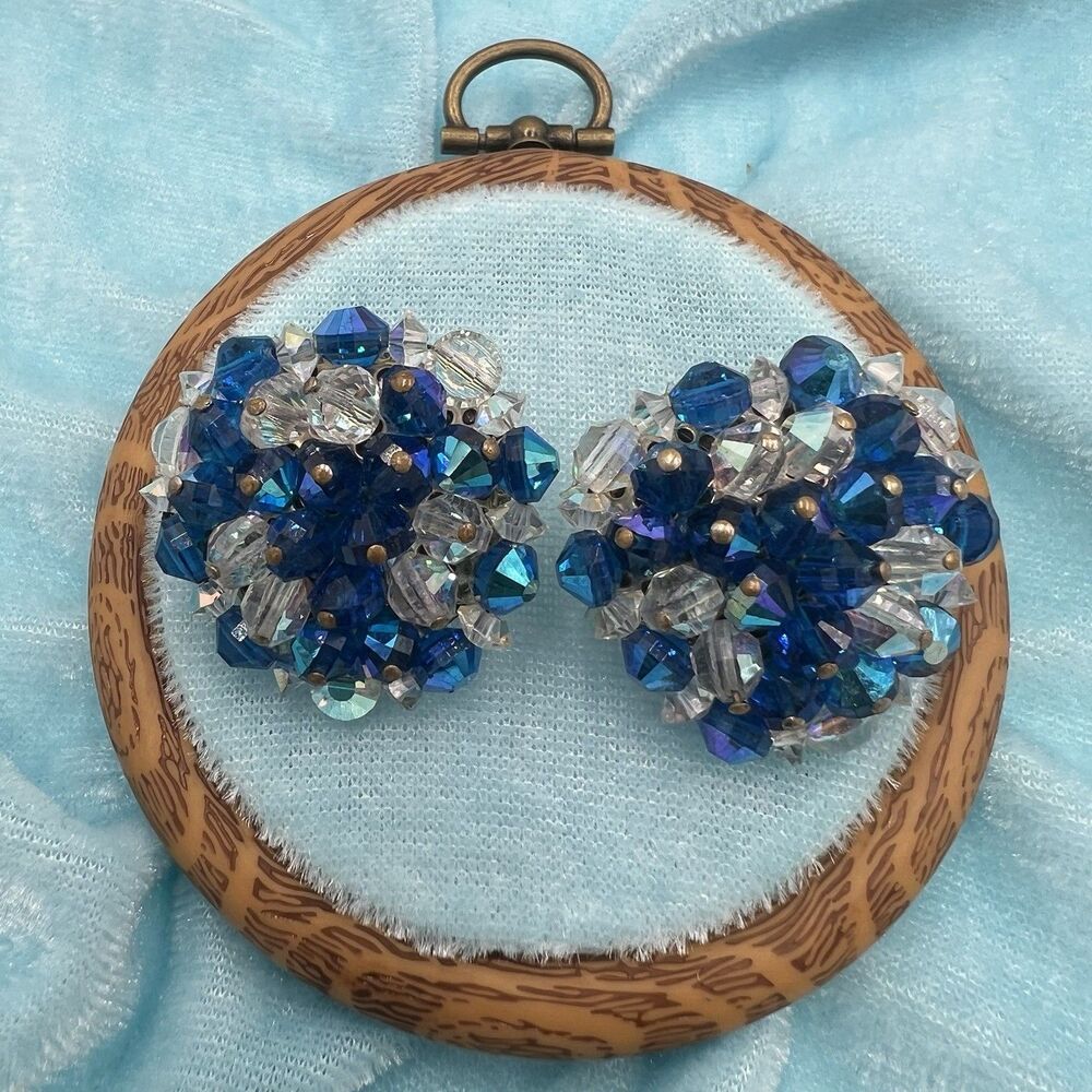 HOBE Signed Earrings Aurora Borealis Crystal  Cluster Vintage Clip On Royal Blue